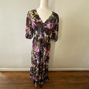 Fourteenth Place Floral Print Ruffle Hem MIDI Dress In Black Size L New